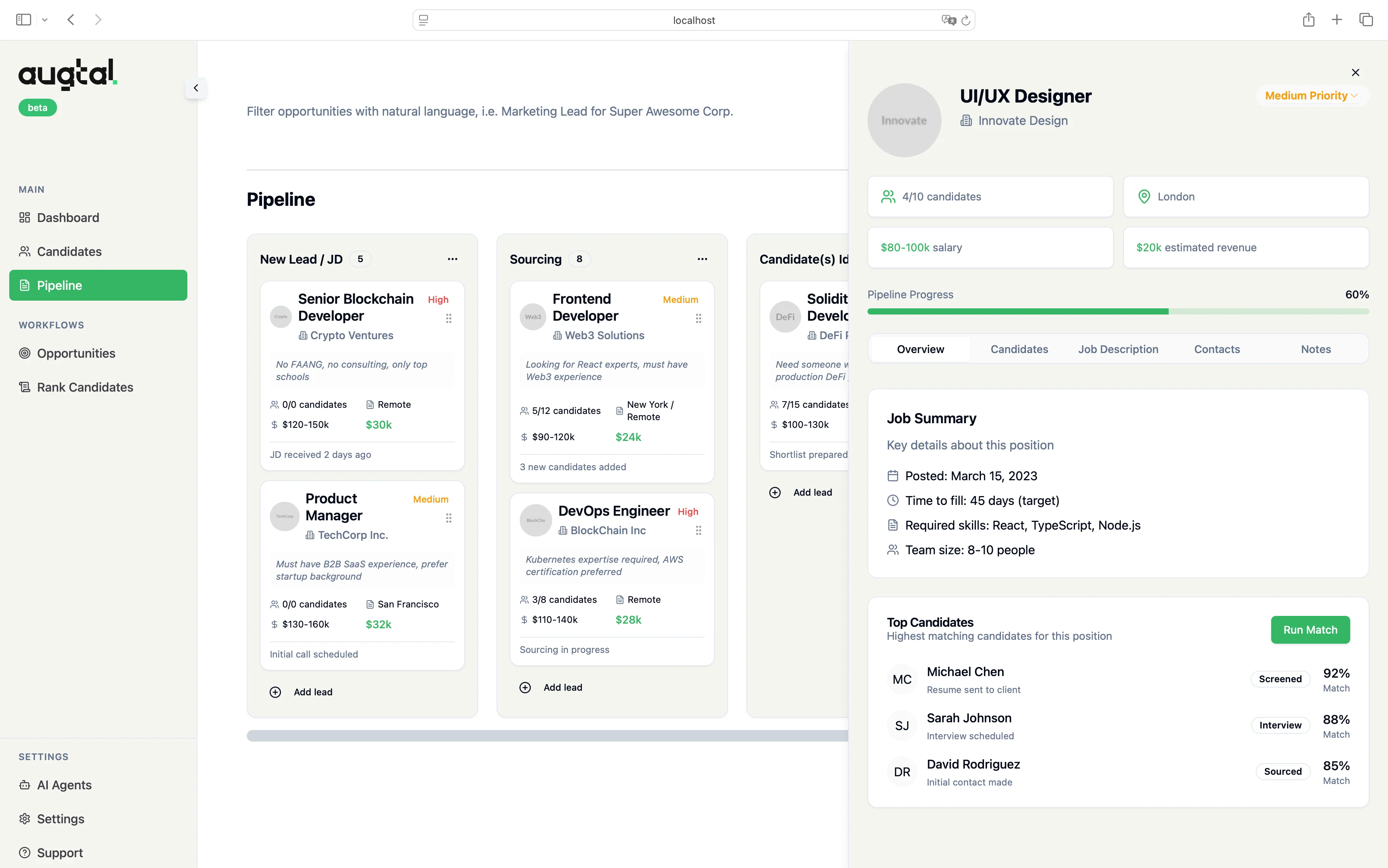 Augtal visual Kanban pipeline interface for tracking recruiting candidates and managing talent workflows