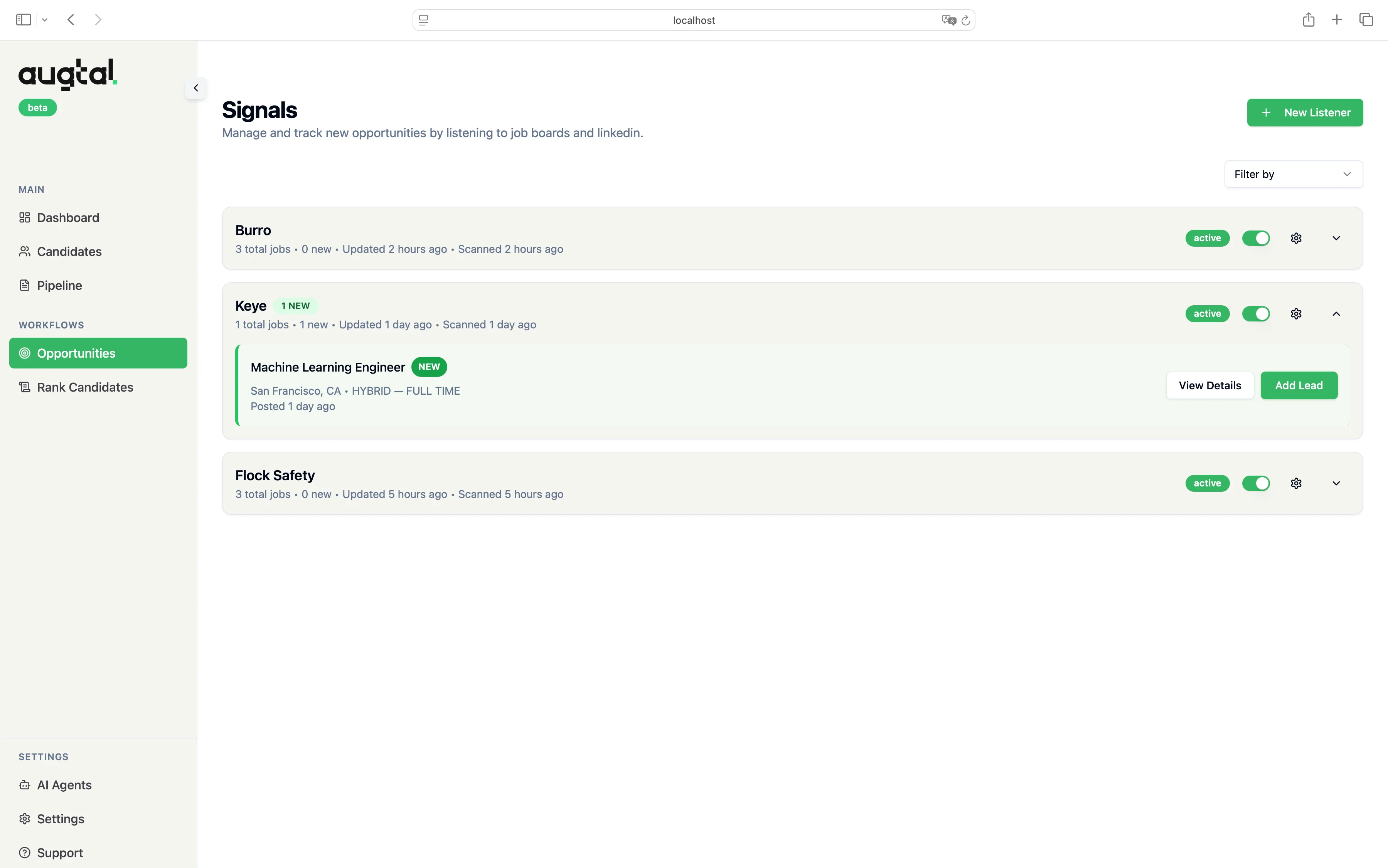 Augtal job board monitoring dashboard showing real-time job alerts and instant candidate matching for recruiters
